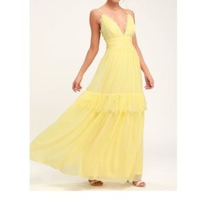 Lulu’s Dream About Me Pale Yellow Lace Maxi Dress